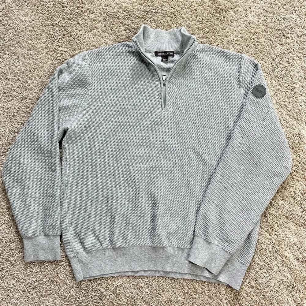 #2520  Michael Kors Sz L Heather Gray Sweater 1/4 Zipper 100% Cotton